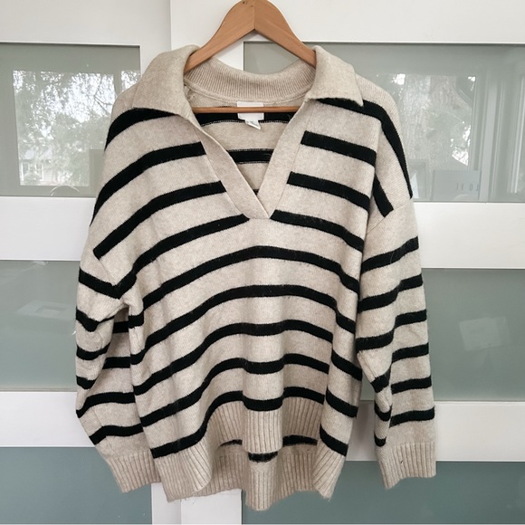 H&M Sweaters - Beige and Black Striped Collared V-Neck Women's Sweater